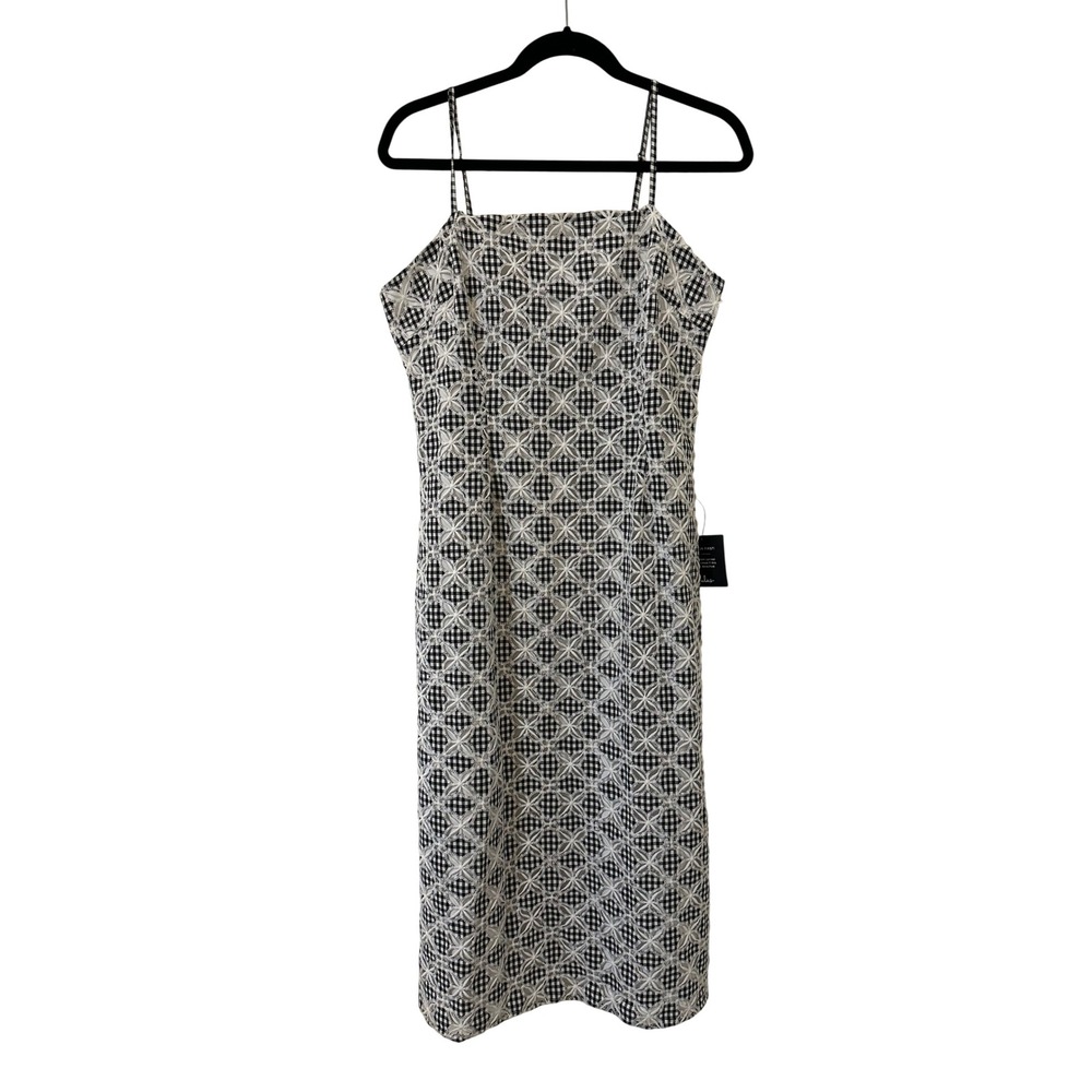 Lulus Gingham Eyelet Midi Dress Black White Floral Sheath Womens L Event Wedding